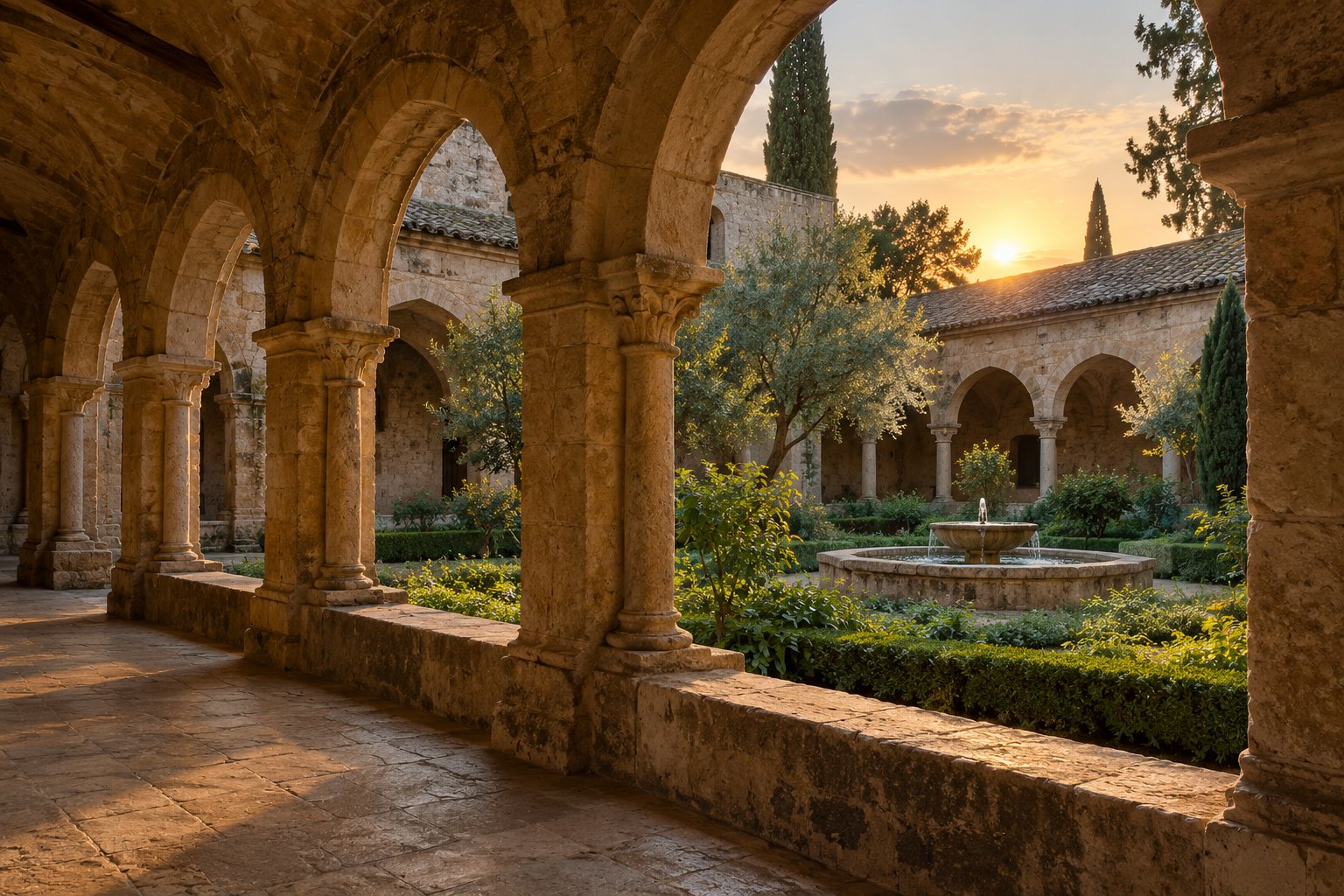 Claustro de mosteiro antigo com arcos de pedra e jardim com fonte ao entardecer